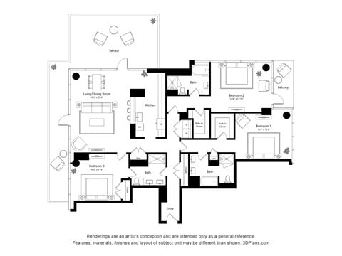Floor plan for 3 beds, 3 baths, 2013 sqft